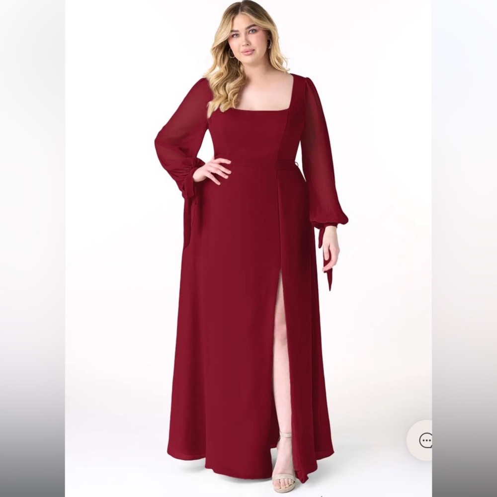Azazie Leonia Burgundy A-Line Long Sleeve Chiffon Dress